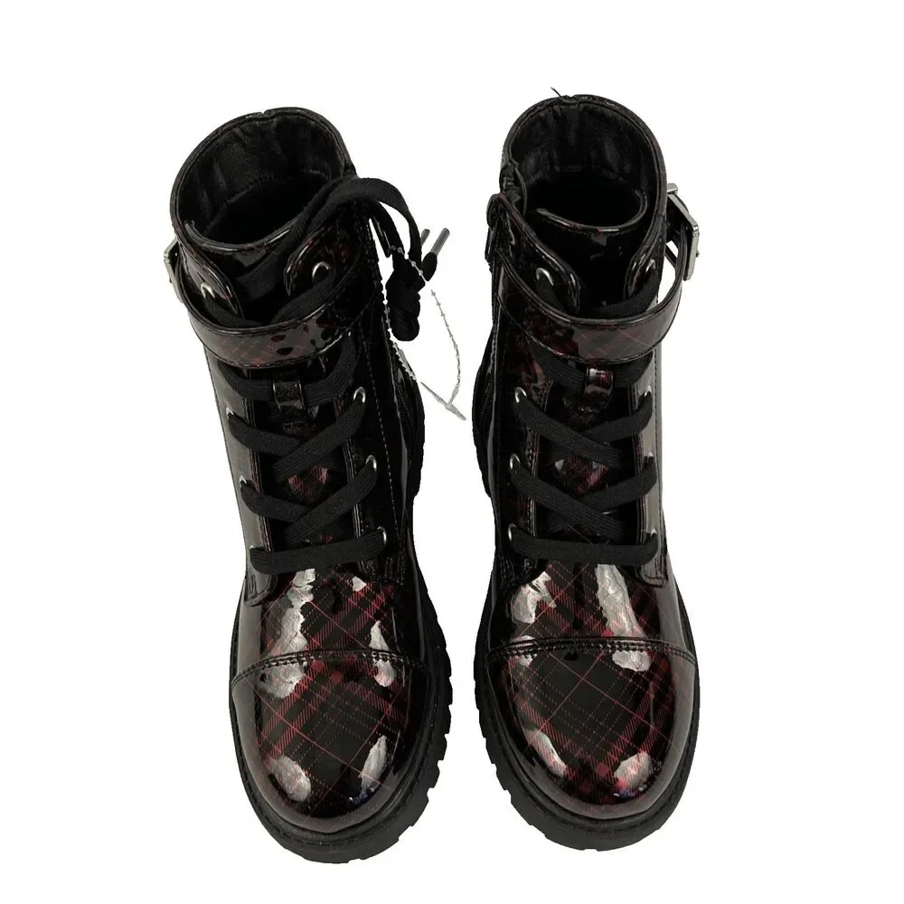 New Women’s Girls Jessica Simpson Red Plaid Combat Boots Size 1 or 12.5 NWOB
